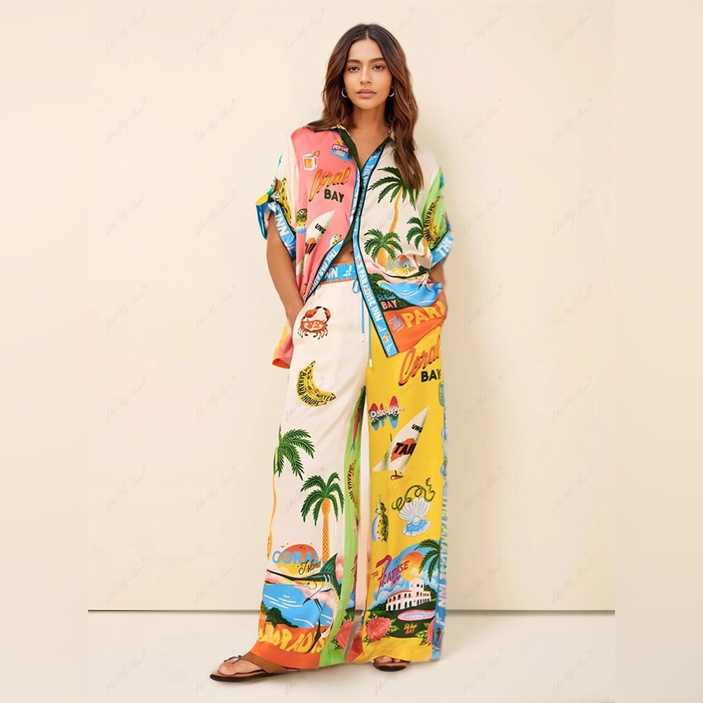 Colorful Tropical Print Women's Pant Set